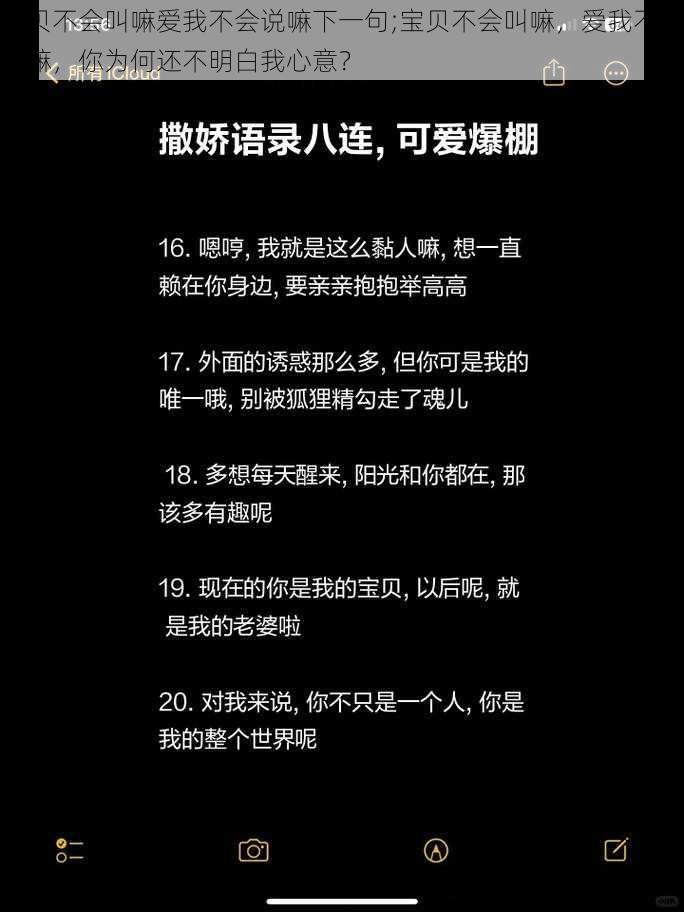 宝贝不会叫嘛爱我不会说嘛下一句;宝贝不会叫嘛，爱我不会说嘛，你为何还不明白我心意？