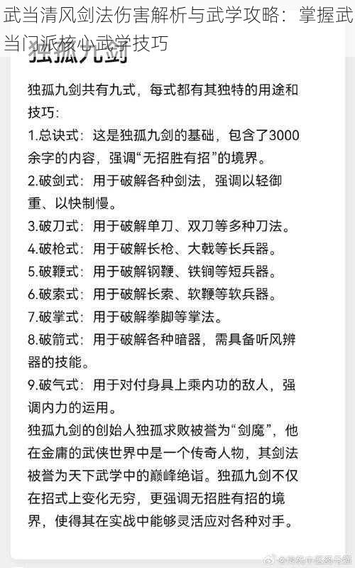 武当清风剑法伤害解析与武学攻略：掌握武当门派核心武学技巧