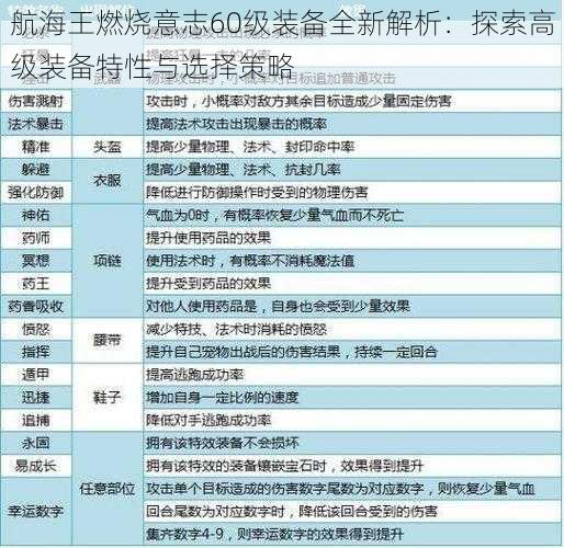 航海王燃烧意志60级装备全新解析：探索高级装备特性与选择策略