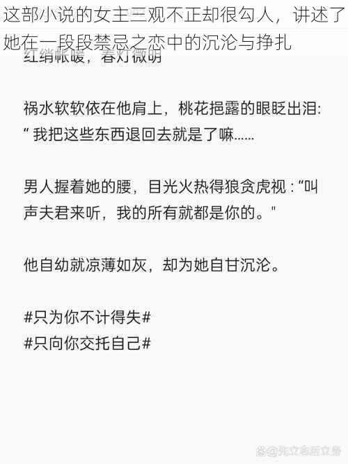 这部小说的女主三观不正却很勾人,讲述了她在一段段禁忌之恋中的沉沦与挣扎